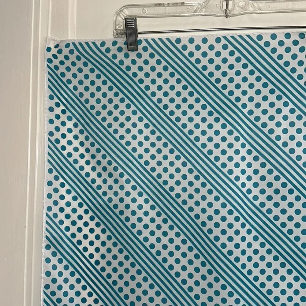 Vtg mid century white polyester‎ square scarf / turquoise stripes & polka dots
